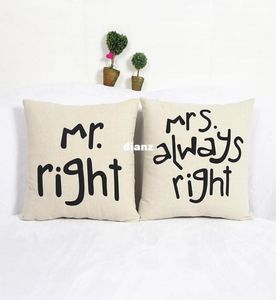 Popular Funny Mr Right Mrs Al Ways Right Print Blend Linho de linho Caso de cama Cama Cushion Capa Acessórios para casa8387921