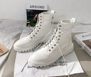 2020 Combat Women White Leather Motorcycle Mid Heeled Gothic Shoes Fashion Black Ankle Boots7951013