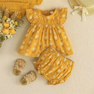 Cute Outfits for Girls Infant Toddler Girl Suit Sunflower Floral Print Flying Sleeve Short Summer 240528