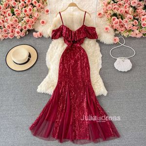 High end evening dress new style temperament banquet host Sequin fishtail Hip Wrap long skirt Ruffle suspender dress