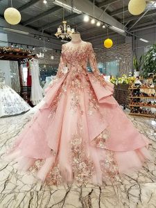 Lyxig rosa spets en linje quinceanera klänningar med långa ärmar d blommor snören plus storlek svep tåg prom party klänningar mantel de bc18939 0529