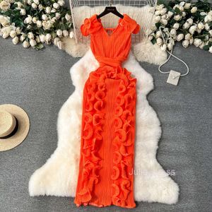 Ziyafet haute couture elbise üst düzey hafif lüks niş pileli üç boyutlu fırfır kenarı ince fit uzun stil mizaç elbisesi kadınlar için