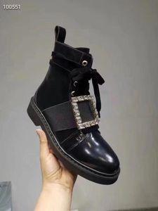2019080802 3440 black genuine leather CRYSTAL SQURE BUCKLE FLAT SHORT BOOTS6498056