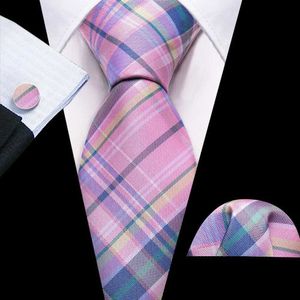 Neck Ties Barry. Wang Pink Plaid Tie and Pocket Square Cufflinks Set with Classic Silk Neckline Wedding Business Party Birthday Designer 6525 Q240528