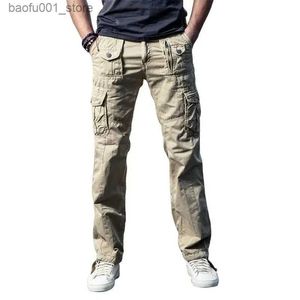 Herrbyxor Nya herrarna Militärlastbyxor Solid Khaki Breatbar Summer Stor storlek Multi Pocket Long Trouser Hot Sale Spliced ​​Pantn Homme Q240529