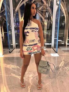 Casual Dresses Stylish Lady One Shoulder Letter Printed Dress Summer Women Sleeveless BodyCon Sexy Club Party Mini T Shirt Vestidos 230413