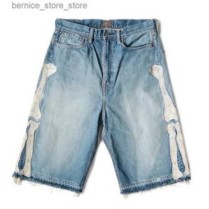 Shorts masculinos kapital hirata hohiro calça relaxada solta lavagem de osso bordados usados ​​shorts jeans de borda crua para homens e mulheres jeans casuais q240529