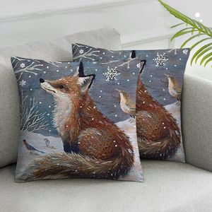 Christmas Pillow Cover - White Snowy Winter Rustic Throw Pillow Covers Snowflakes Fox Bird Printed Decorative Farmhouse Pillowcase for Couch Sofa Seating Bench 2pcs