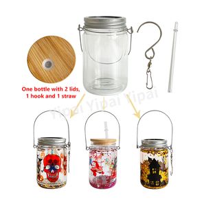 Multifunktional Pre Dilled Blank Sublimation 11oz Doppelwandglas Solar Mason Jar 11oz Glühen Elf mit Solarleuchten Bambusdeckel und Stroh für Schneekugel Glitzer