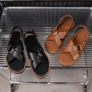 2024 MRXMUS SANDALS Fashion Spring Summer Leather Cross Belt Design Open Toe Roman Women Simple Casual Flat Shoes 2D5