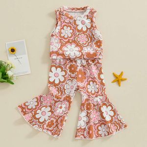 Fashion Kinder Kinder Mädchen Sommerkleidung Sets Blumendruck Ärmellose Tanktops mit Flare Hosen Holiday Beach Outfits