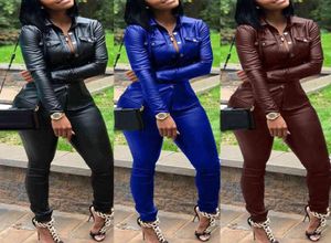 5 color SXXXL Winter Overalls PU Leather shirtPencil pant tracksuit fashion sexy women set two pieces Jumpsuit casual Outfits Y13629941