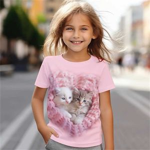 T-shirts katt kort ärmhäst barn t-shirt sommar kawaii barn t-shirt för barn toppar mode tee flickor kläder från 8 till 14 år gammal D240529