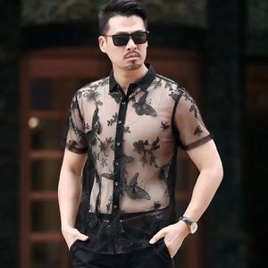 Summer Design Men Hollow Out Shirt Casual Trransparent Sexy Male Black Tshirt Short Sleeve Club Stage Tops 240524