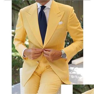 Męskie garnitury Blazery żółte szczupły fit Casual Men 2 -Place Wedding Groom Tuxedo Męska moda Blazer z Pants Najnowszy projekt Dhckc