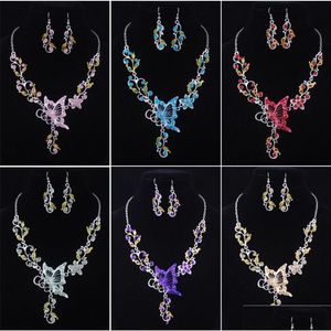 Kolczyki Naszyjnik Europy i American Butterfly Naszyjnia Zestaw Drop For Women Crystal Rhinestone Flower Bride Wedding Eng dhcea