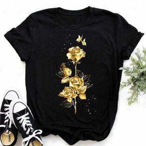 Maycaur Fashion Gold Rose Print Женская футболка Harajuku коротки