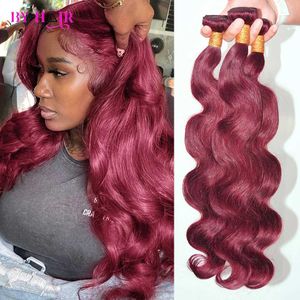 Hår wefts burgogne 99j body wave bundle 100% mänsklig hårfärg brasiliansk remi hårförlängning vävning 1/3/4 bit 26 tum original hår bunt Q240529