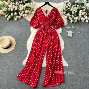 Instagram vacation style jumpsuit for womens long age reducing bubble sleeves with elastic waistband for slimming and wide leg pants for womens summer wear