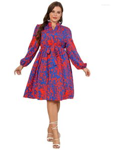 Casual Dresses Spring And Autumn Plus Size Dress 5XL 6XL 7XL Fashion Ladies Printed Long-sleeved V-neck Belt Commuter