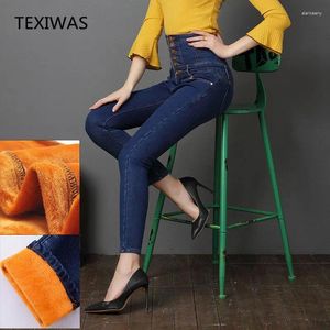 Jeans femminile texiwas plus size velvet donne spesse calde in vita alta cowboy pantaloni elasticni magri denim 6xl inverno slim