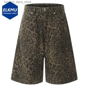Men's Shorts Leopard Denim Shorts Men Vintage Loose Jeans Shorts 2024 Summer Streetwear Hip Hop Leopard Shorts Q240529