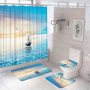 Shower Curtains Nautical Curtain Sets Sailing Boat Blue Sea Ocean Seagull Fabric Bathroom Non-Slip Bath Mat Rug Lid Toilet Cover