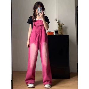 raspberry pink strap jeans women Spring and autumn new big size fat sister straight leg wide jumpsuit
