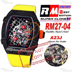 27-04 Rafael Nadal A23J Automatiska män Titta på RMF Black Ntpt Carbon Tennis Racket Skeleton Dial Red Markers Yellow Nylon Super Edition Puretime Reloj HOMBRE PTRM