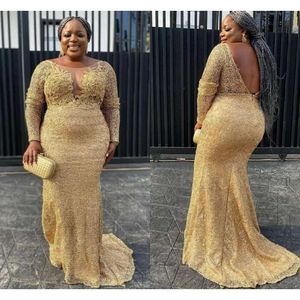 2023 Gold Lace Mermaid Prom Dresses Plus Size African Women Long Sleeves Soop Neck Formal Dress Evening Elegant With Appliques 0529