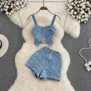 Kvinnors träningsdräkter PREPOMP 2024 ärmlös blixtlås Slim Denim Tank Top Vest Rhinestone Buckle Belt Wide Ben Shorts Två stycken Set Outfits