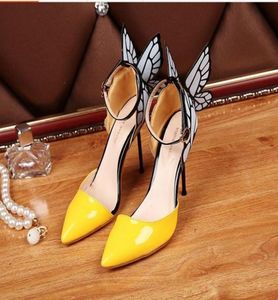 Ladies Real leather 9cm high heel sandals buckle blackwhite solid sophia webster butterfly ornaments pillage yellow1947995