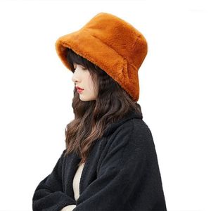 フェイクファー冬のバケツ帽子のための女の子ファッションソリッドソフトウォームフィッシングキャップバケーションハットキャップレディ屋外180Z