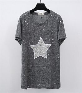 Hela 6xl plus size Women T Shirt 2017 Summer Shiny Star Sequin Design Topps Kort ärm Loose Casual Cotton Femme Shirts Blu9890957