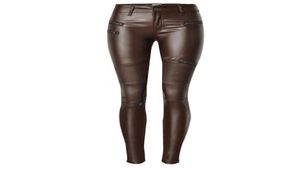 Women039s Brown Coated Jeans Skinny Stretch Low Midj Pants Motorcykelcyklist Jeans Multi Zipper Punk Faux Pu Leather Pencil Pan8660915