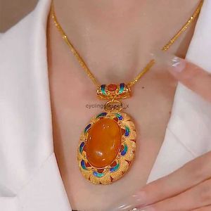 2024New Chinese Antique Gold Plated Imitation Amber Honey Wax Egg Face Pendant China-Chic Palace Scenery Thai Blue Necklace Gift 1BBDK