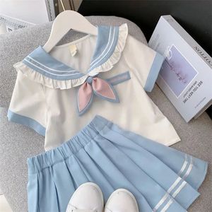 Sommer Kindermädchen Student Uniform Set JK Mandarin Kragen T -Shirts und plissierte Röcke 2 Stücke Anzug Kid Top Bottom Kleidung 240529