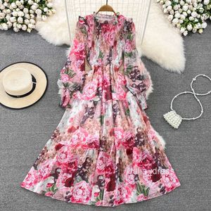 Gentle style standing collar with wooden ears waist cinched and slimming A-line floral chiffon dress seaside vacation big swing long skirt