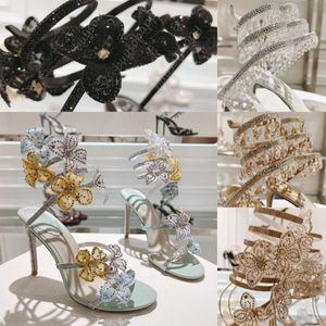 Rene Caovilla Designer New Rhinestone Obcasy Sandały Obcasy Suknia Buty Kryształowy pasek kostki kręty 95 mm Modna pięta sztyletowa dla damskiej serpentynowej