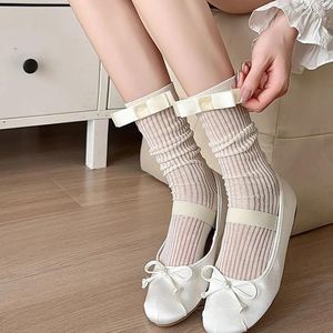 Women Socks Girl 3D Bow Loose Pile Cute Vertical Stripe Width Bar Black White Grey Mid Tube Breathable Fashion Style Sweet