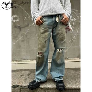 Męskie spodnie błotno barwione otwór myte dżinsy męskie harajuku ulica w lupgy proste dżinsowe spodnie sprężyna gotycka dżinsowe spodnie Q240529