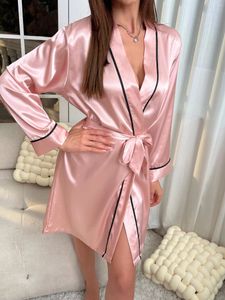 Home Clothing Simple Satin Night Robe Elegant V Neck Long Sleeve House With Belt Women's Sleepwear