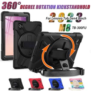 Tablet Cases For Lenovo Tab M8 4th Gen 8.0 inch Hand Strap 360 Rotating Stand Cover Anti-drop Shockproof Kids Safe PC + Silicon Cases with Shoulder Strap TB-300FU TB-300XU