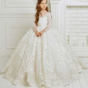 Elfenben Flower Girl Dresses Luxurious spets Floral Applicies Lång ärm för bröllop prom festtävlingsklänningar L2405