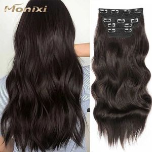 Hair Wefts Synthetic long wave synthetic hair extension 4 pieces/clip style hair extension dark brown Ombre honey blonde hair thick hair Q240529