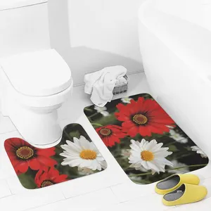 Badmattor badrumsmattor sätter 2 bitar röd blomma och vit tusensköna absorberande u-formad konturtoalett matta