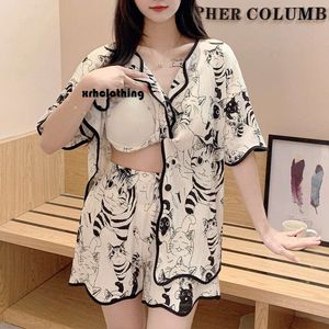 t shirt New sleepwear women's short sleeved shorts with a chest pad integrated summer oversized cardigan set for home wear, can be worn externally