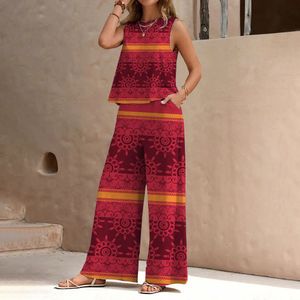 Ethnic Print Chiffon Trouser Suit Summer Fashion Slim And Elegant Womens Sleeveless Vest Light Breathable 240523