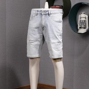 Men's Shorts American Vintage Casual Micro Stretch Denim For Men Summer Light Blue Patch Old Scratch Washed Half Jeans Y2k Youth Male