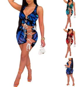 Women039s Tracksuits 2021 Sexig klänning Kvinnor ihåliga ut två -stycken Set Club Outfits Summer Print Sports Crop Tops och minikjolar 4585218